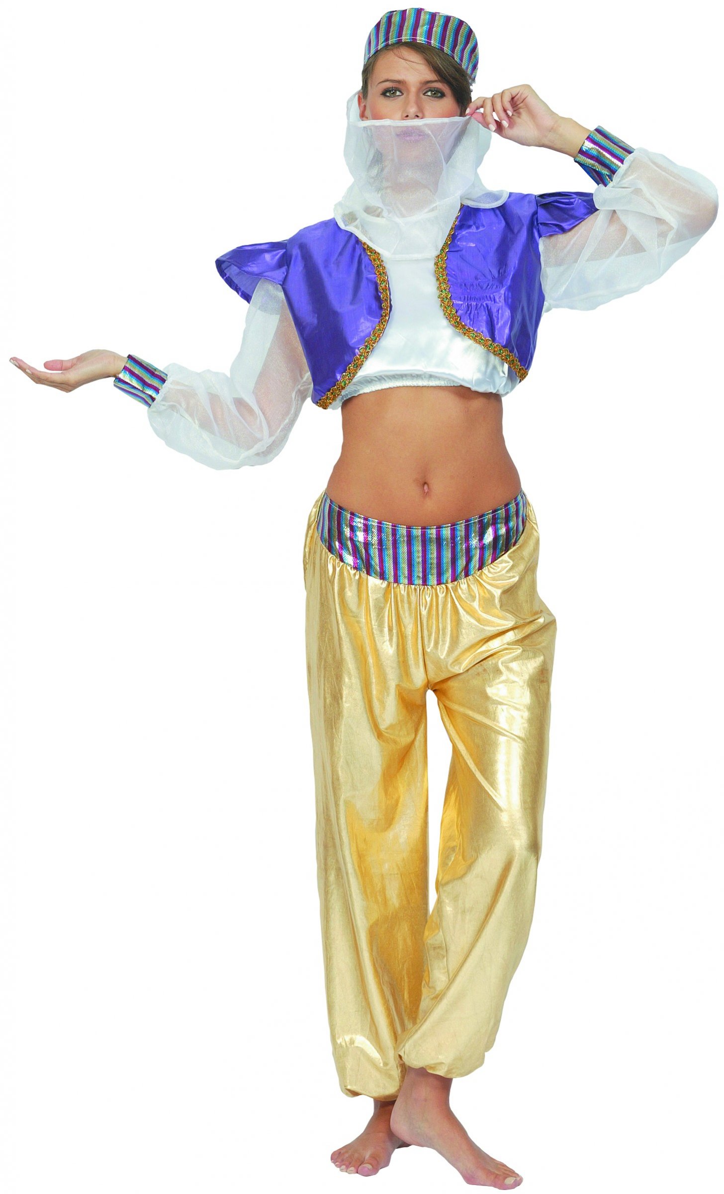 Déguisement danseuse du ventre femme violet (top, chemise, pantalon, coiffe)